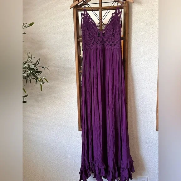 Free People FP One Purple Crochet Lace Maxi Dress Boho Festival Small - Picture 2 of 10
